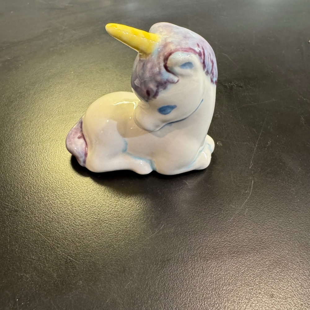 Ceramic Unicorn Figurine Small White Lavender Hand Painted Signed 2002
